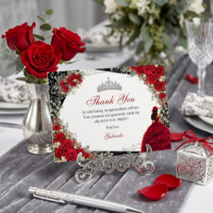 Elegante Rosen Rote und Silberne Tiara Quinceañera Dankeskarte