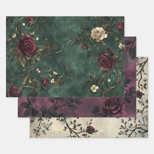 Elegante Rosen. Tiefgrün, tiefrot, creme. Geschenkpapier Set