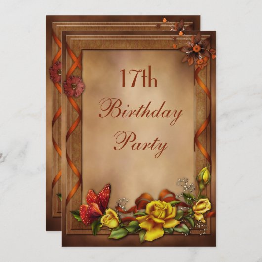 Elegante Rosen u. Schmetterlings-17. Einladung (Vorne/Hinten)