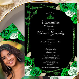Elegante Rosen und Krone Grüne Quinceanera Einladung