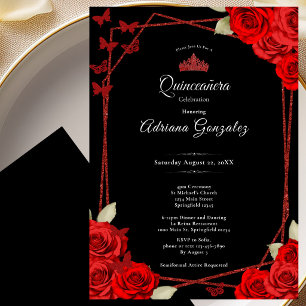Elegante Rosen und Krone Rote Quinceanera  Einladung