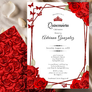 Elegante Rosen und Krone Rote Quinceanera Einladung