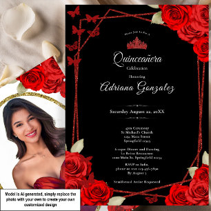Elegante Rosen und Krone Rote Quinceanera Einladung