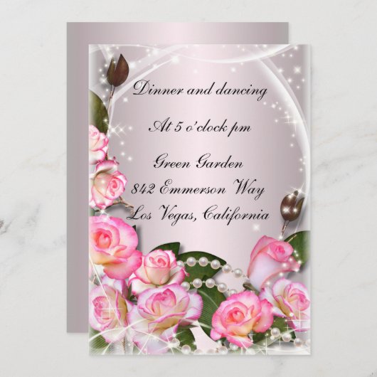 Elegante Rosen und Perlen Empfang-Karte Einladung (Vorne/Hinten)
