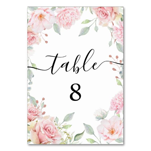 Elegante Rosenblüte Romantische Kalligraphie Hochz Tischnummer (Rückseite)