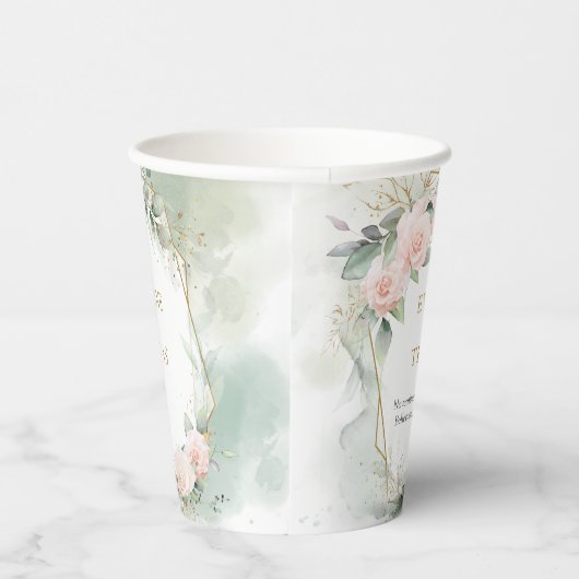 Elegante Rosenblüten Eukalyptus & Goldhochzeit Pappbecher (Rechts)