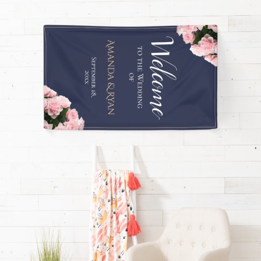 Elegante Rosenblütenhochzeit Begrüßung Banner (Insitu)