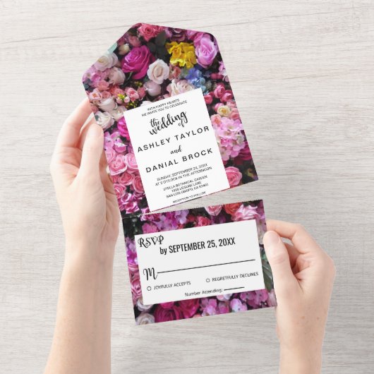 Elegante Rosenstrahlen Blume Sommerblumenhochzeit All In One Einladung (Abreißen)