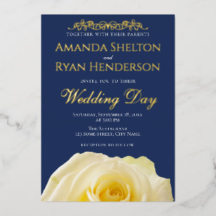 Elegante Rosenverzierung Navyblau Hochzeit Gold  Folieneinladung