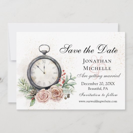 Elegante Roses Clock Vintage Hochzeit Save The Date (Vorderseite)