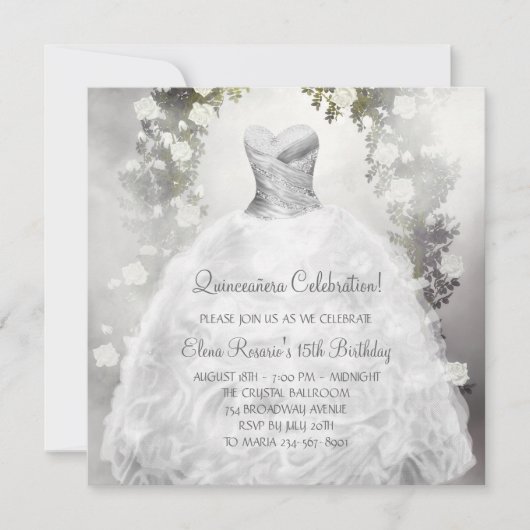 Elegante Roses White Quinceanera Einladungen (Vorderseite)