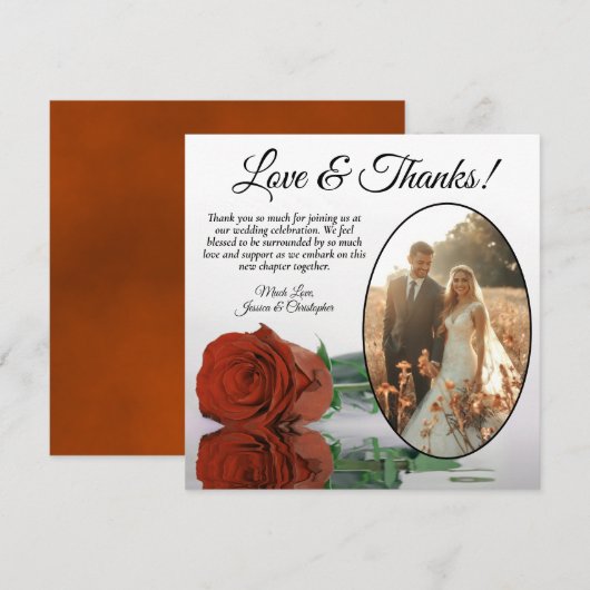 Elegante Rost Orange Rose Oval Foto Hochzeit Dankeskarte (Vorne/Hinten)