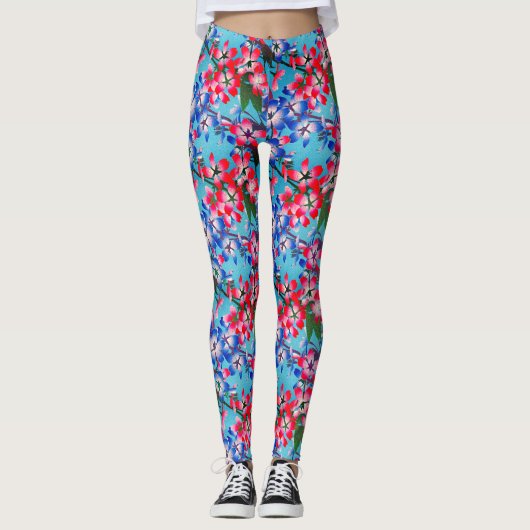 Elegante Rot-Blau-Weiß-Blume Leggings (Vorderseite)