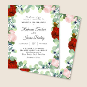 Elegante Rot Blush Rose Grüne Hochzeit Einladung