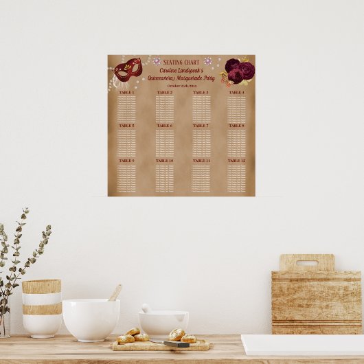 Elegante Rot-Englisch-Rose, Masquerade Quinceañera Poster (Küche)