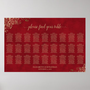 Elegante Rot & Gold 27-Tisch-Hochzeits-Sitzordnung Poster