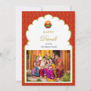 Elegante Rot-Gold-Arch-Frame-Foto Diwali-Karte Feiertagskarte