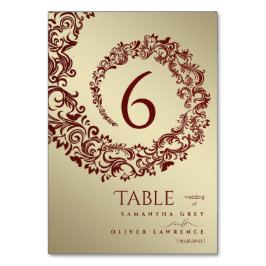 Elegante Rot-Gold-Damaskus-Hochzeit-Tischnummer Tischnummer