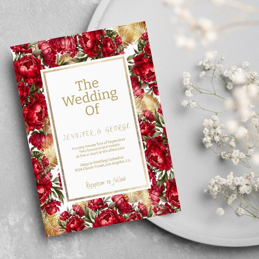 Elegante Rot-Gold-Grüne Pfingsten Blumenhochzeit Einladung
