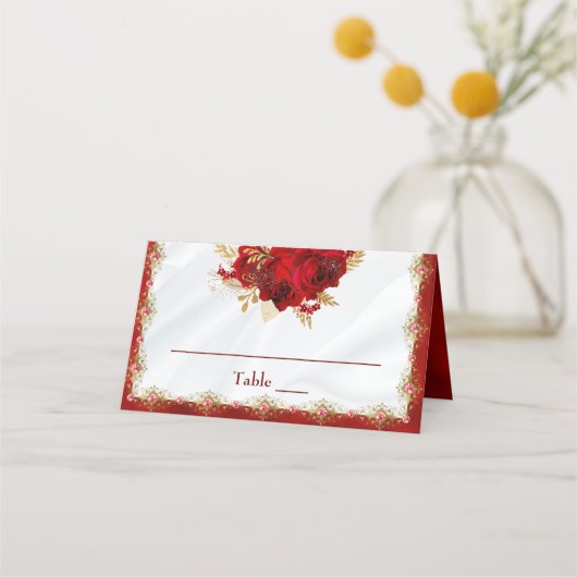 Elegante Rot-Gold-Hochzeiten-Rose Platzkarte (Vorderseite)