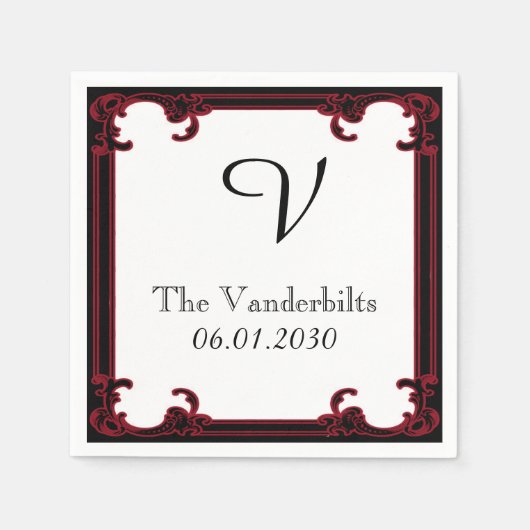 Elegante Rot-Gothic-Rahmen-Monogramm-Hochzeit Serviette (Vorderseite)