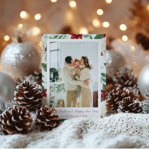 Elegante Rot & Grün Pointsetta Holiday Foto Card Feiertagskarte