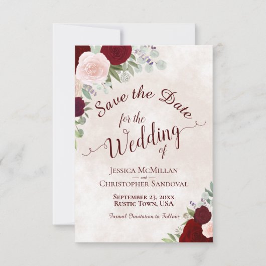 Elegante Rot-Rosa-Boho Wasserfarben-Rose Hochzeit Save The Date (Vorderseite)