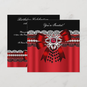 Elegante Rot Schwarz Diamant Silber Spitze Party 2 Einladung