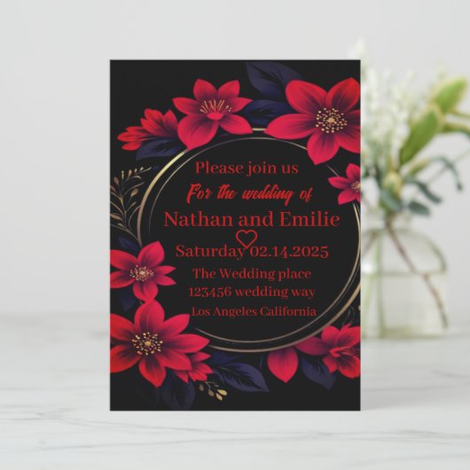 Elegante Rot-Schwarz-Hochzeit Einladung (Stehend Vorderseite)