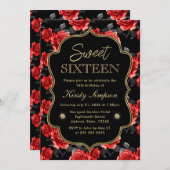 Elegante Rot-Schwarz-Rose mit Goldrahmen Sweet 16 Einladung (Vorne/Hinten)