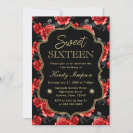Elegante Rot-Schwarz-Rose mit Goldrahmen Sweet 16 Einladung