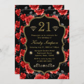 Elegante Rot-Schwarz-Rose mit Goldrahmen zum Gebur Einladung (Vorne/Hinten)