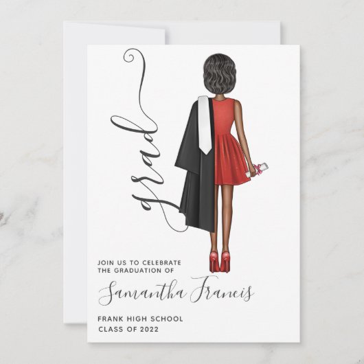 Elegante Rot-, Schwarz- und Weiße Girl Graduation Einladung (Vorderseite)