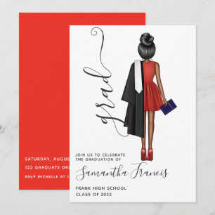 Elegante Rot-, Schwarz- und Weiße Girl Graduation  Einladung