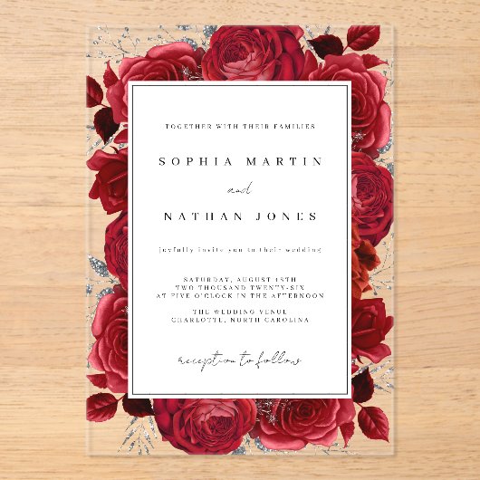 Elegante Rot-Silber-Rose klare Hochzeit Acryleinladungen (Vorderseite)