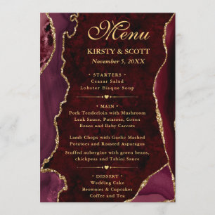 Elegante Rot- und Gold-Faux-Glitter-Achat-Hochzeit Menükarte