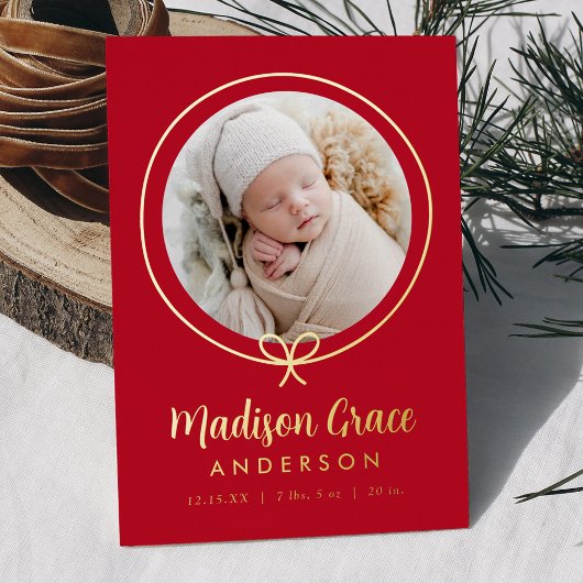 Elegante Rot-und Gold-Foil-Bow Geburtserklärung Folieneinladung