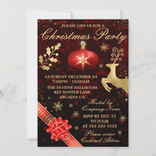 Elegante Rot- und Gold-Kugel mit Band Weihnachtsfe Einladung