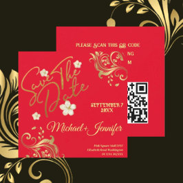 Elegante Rot und Gold QR Save the Date Einladung