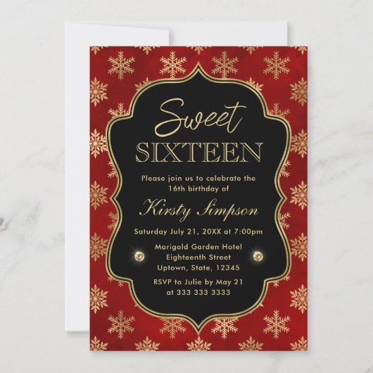 Elegante Rot und Gold Winterschneeflocken Süß 16 Einladung (Vorderseite)