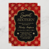 Elegante Rot und Gold Winterschneeflocken Süß 16 Einladung (Vorne/Hinten)