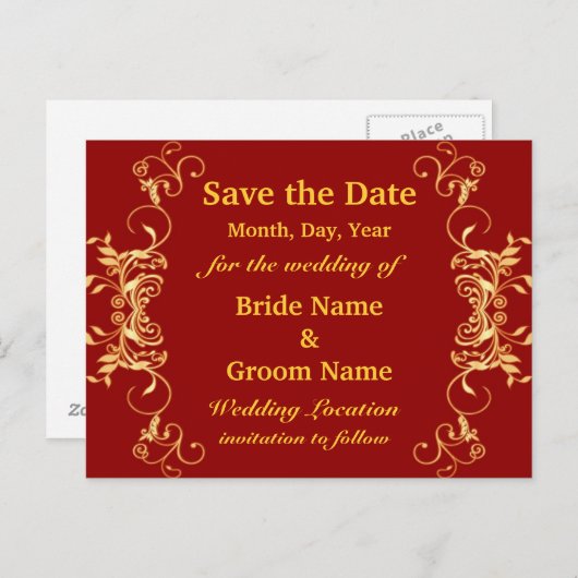 Elegante Rot- und Gold-Wirbel Save the Date Ankündigungspostkarte (Vorne/Hinten)