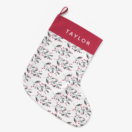 Elegante Rot- und Grünfarben-Holly-Branchen Großer Weihnachtsstrumpf (Vorderansicht (hängend))