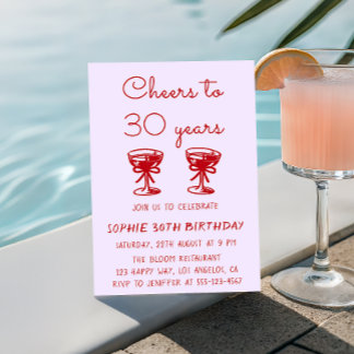 Elegante Rot- und Lila-Cocktail 30. Geburtstag Einladung