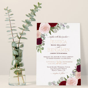Elegante Rot- und Rosa-Blumenhochzeit mit Rosen-Go Folieneinladung