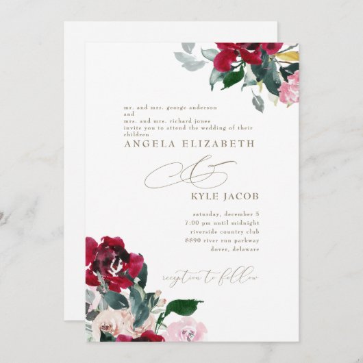 Elegante Rot und Rosa Blüte Beide Eltern Hochzeite Einladung (Vorne/Hinten)