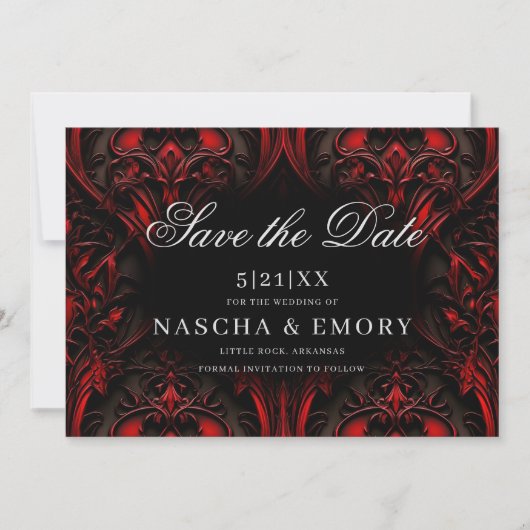 Elegante Rot- und Schwarz-Gotische Damaskus-Hochze Save The Date (Vorderseite)