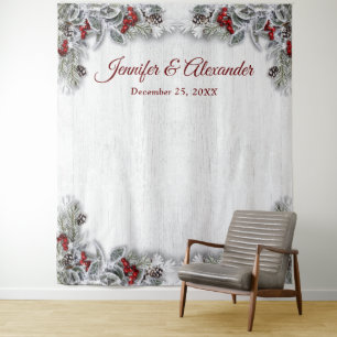 Elegante rote Beeren-Hochzeits-Fotobooth-Hintergru Wandteppich