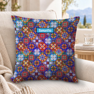 Elegante rote blaue mexikanische Talavera-Musterfl Kissen