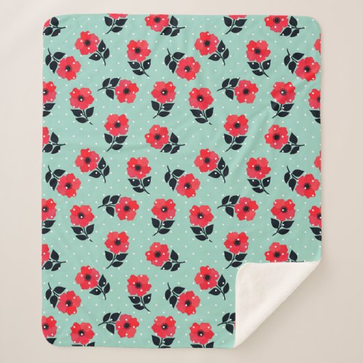 Elegante Rote Blume Aqua Blue Polka Dots Muster Sherpadecke (Vorderseite)